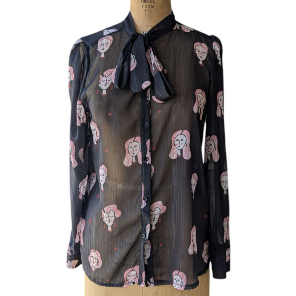Sheer Black Tie Neck Faces Print Blouse Metallic Pinstripe Sz SP